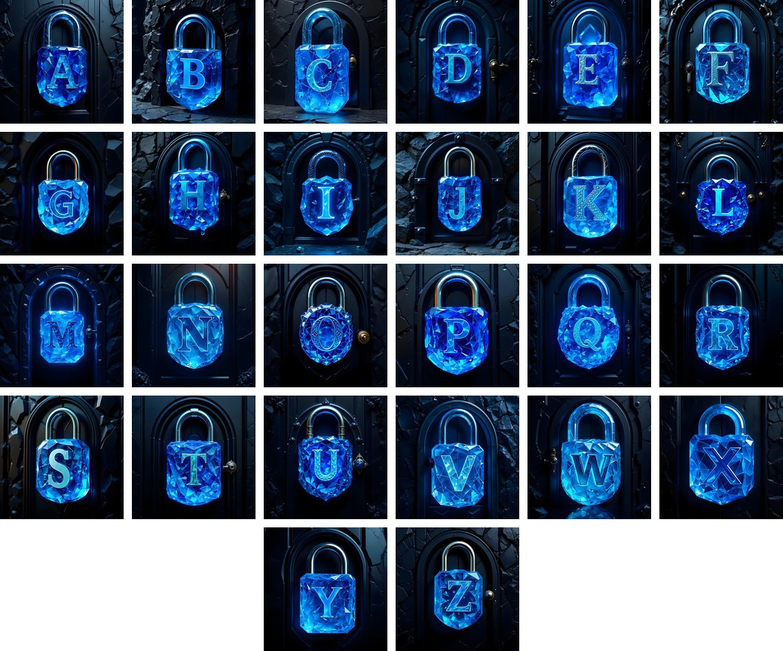 Sapphire Padlock Vault alphabet — all 26 letters