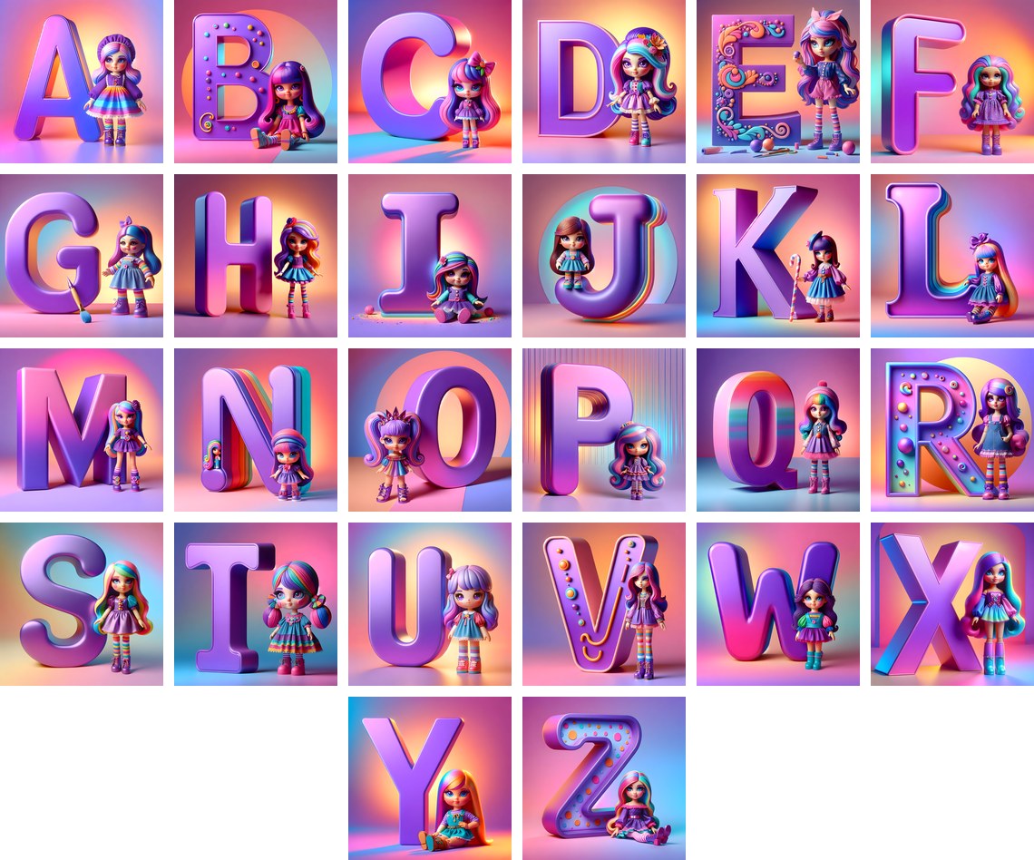 Toy Doll Pastel alphabet — all 26 letters