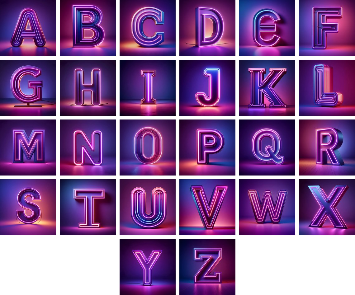 Purple Neon Tube alphabet — all 26 letters