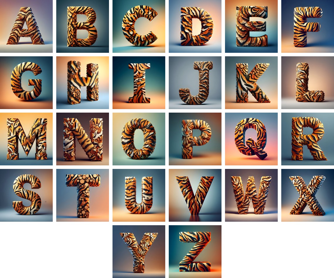 Tiger Stripe Leather alphabet — all 26 letters