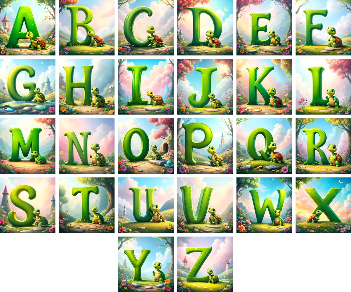 Turtle Meadow Tale alphabet — all 26 letters