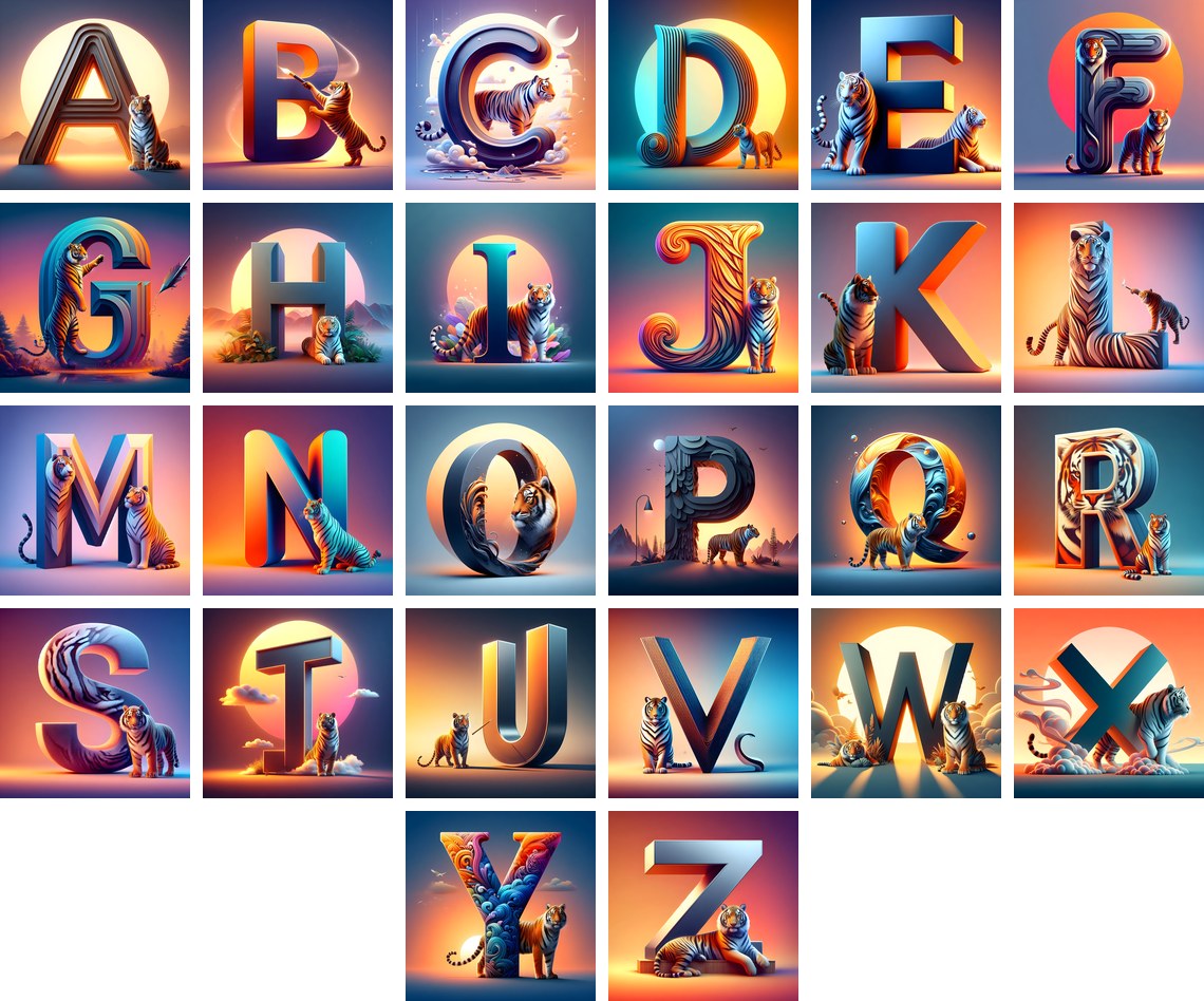 Tiger Stripe Companion alphabet — all 26 letters