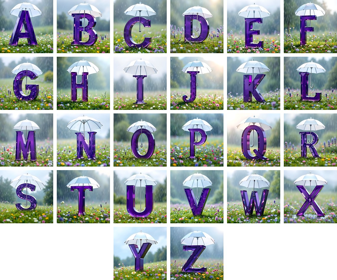 Umbrella Meadow Rain alphabet — all 26 letters