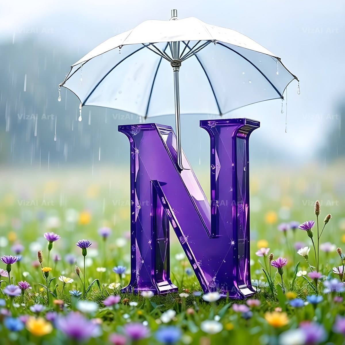 Umbrella Meadow Rain alphabet letter N