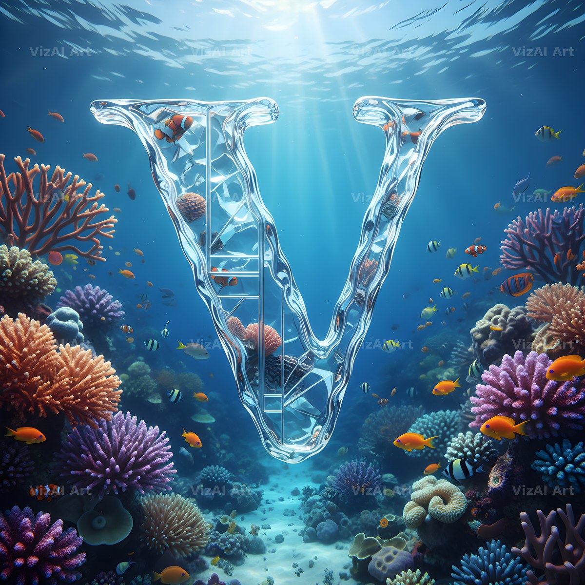 Sunken Reef Glass alphabet letter V