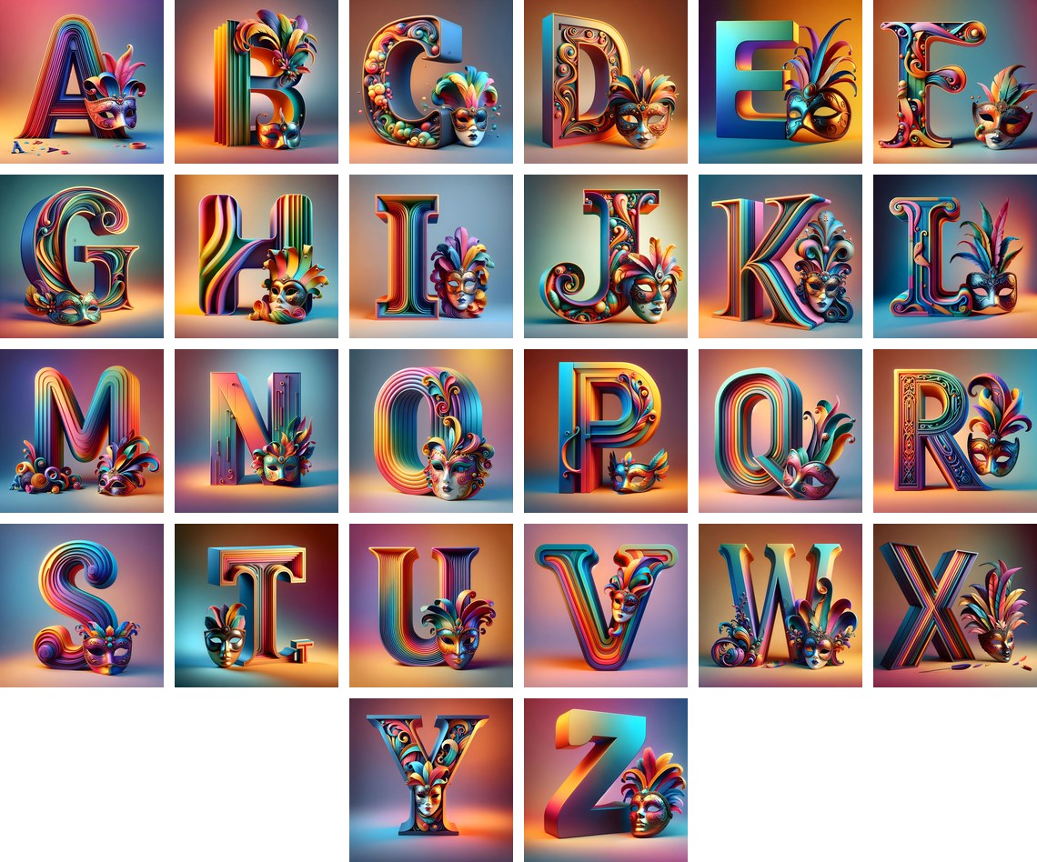 Venetian Mask Carnival alphabet — all 26 letters