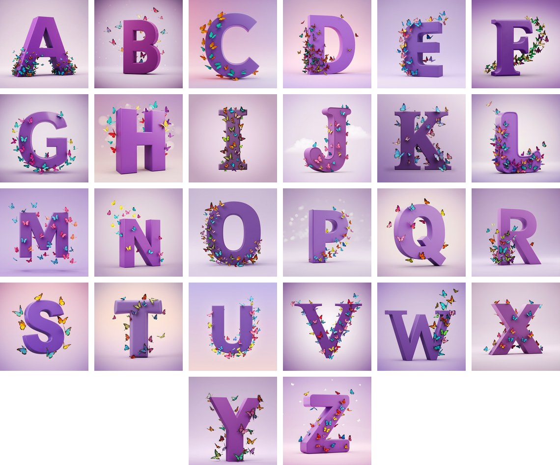 Violet Butterfly Flutter alphabet — all 26 letters