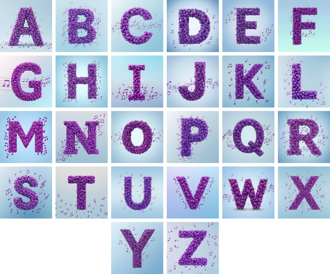 Violet Petal alphabet — all 26 letters
