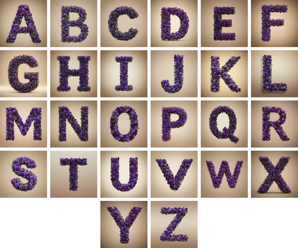 Violet Pansy Cluster alphabet — all 26 letters