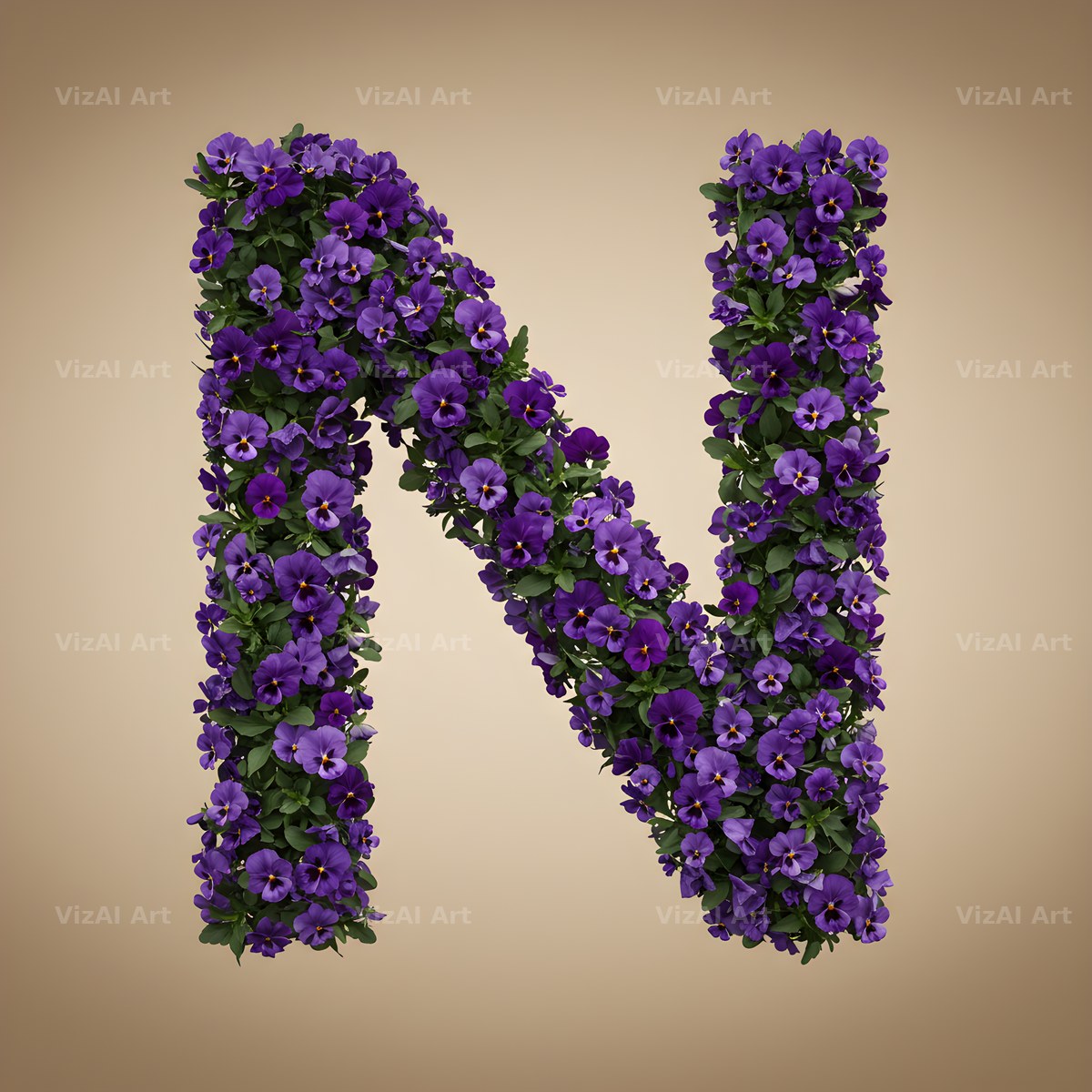 Violet Pansy Cluster alphabet letter N