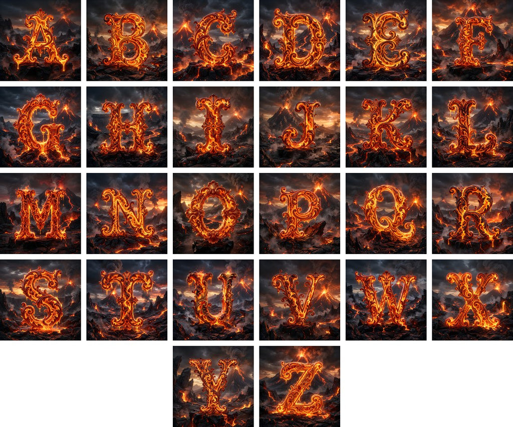 Volcanic Ember alphabet — all 26 letters