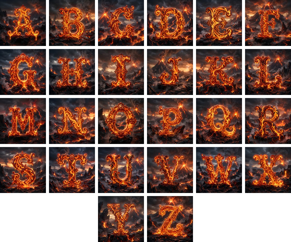 Volcanic Ember alphabet — all 26 letters