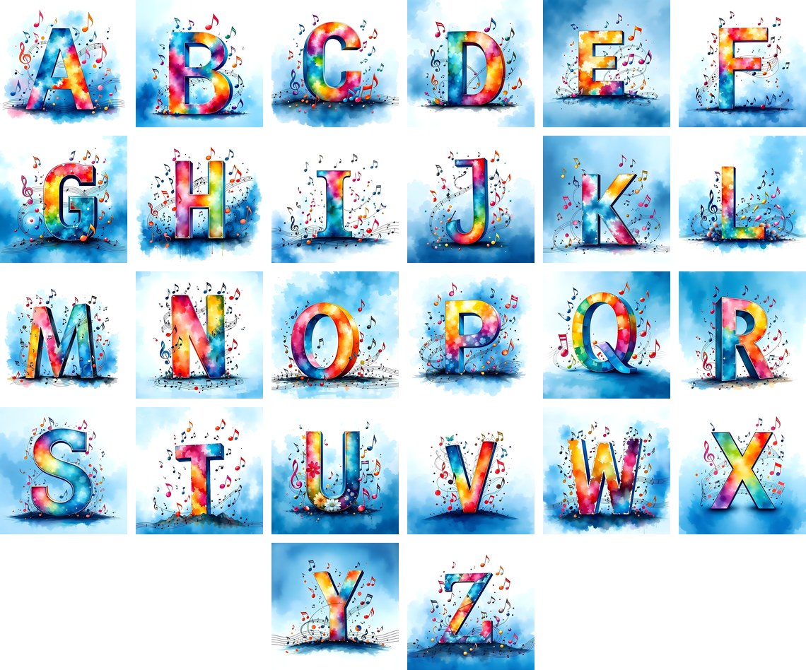 Watercolour Music Note alphabet — all 26 letters