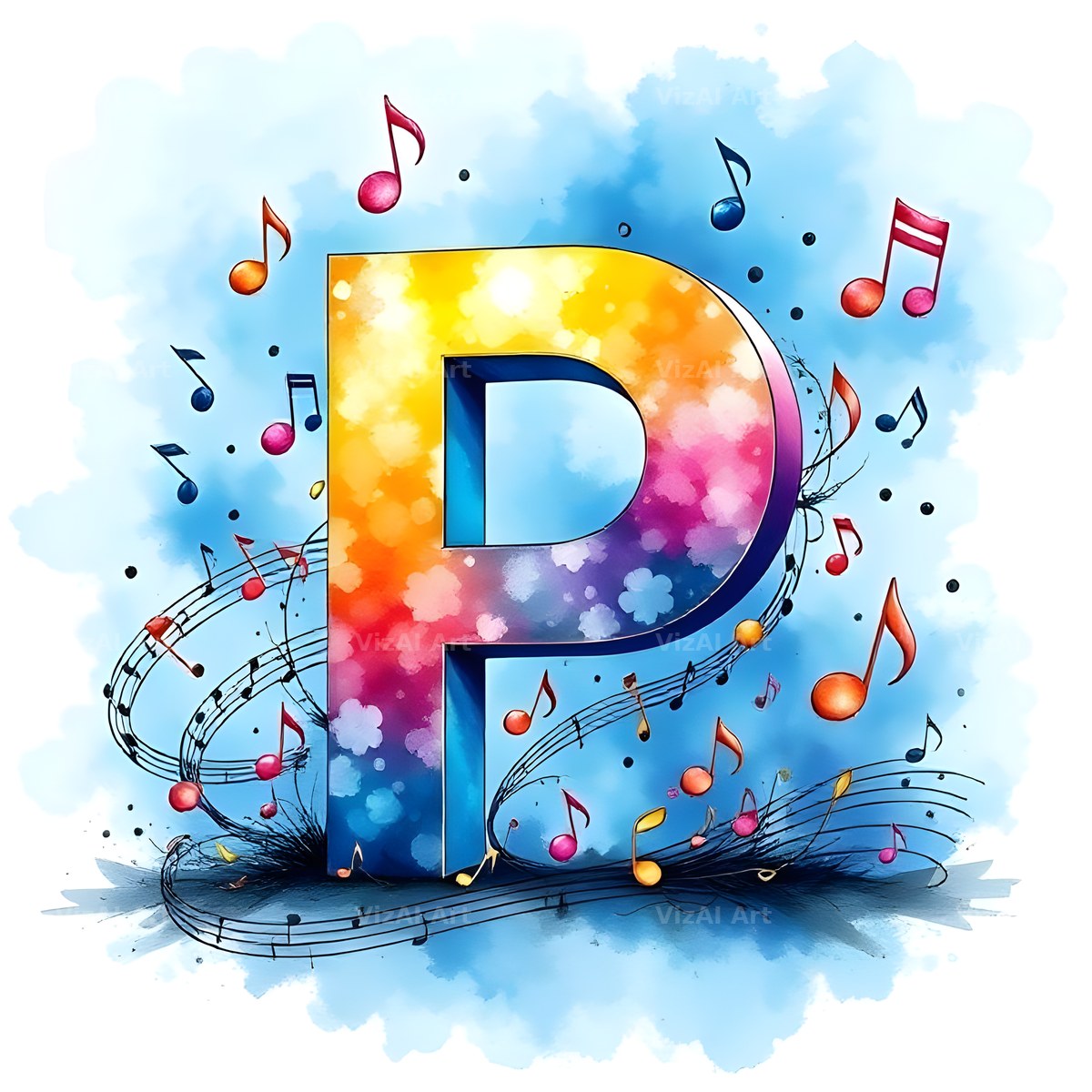 Watercolour Music Note alphabet letter P