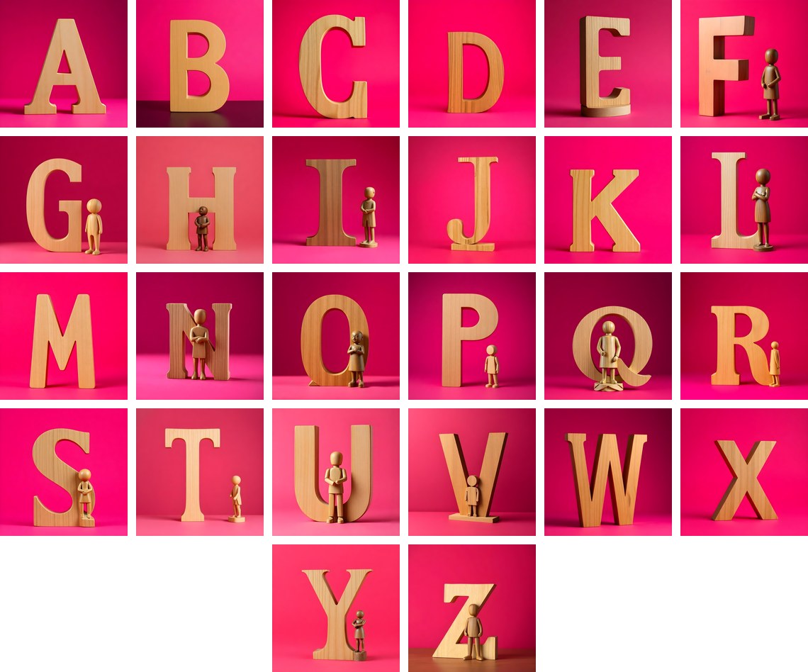 Wood Block Pink alphabet — all 26 letters
