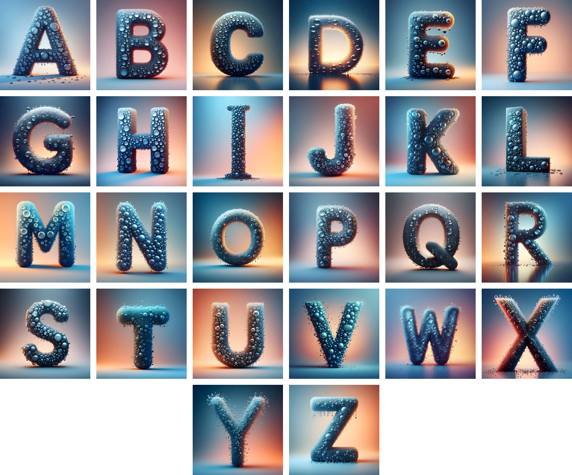 Water Droplet alphabet — all 26 letters