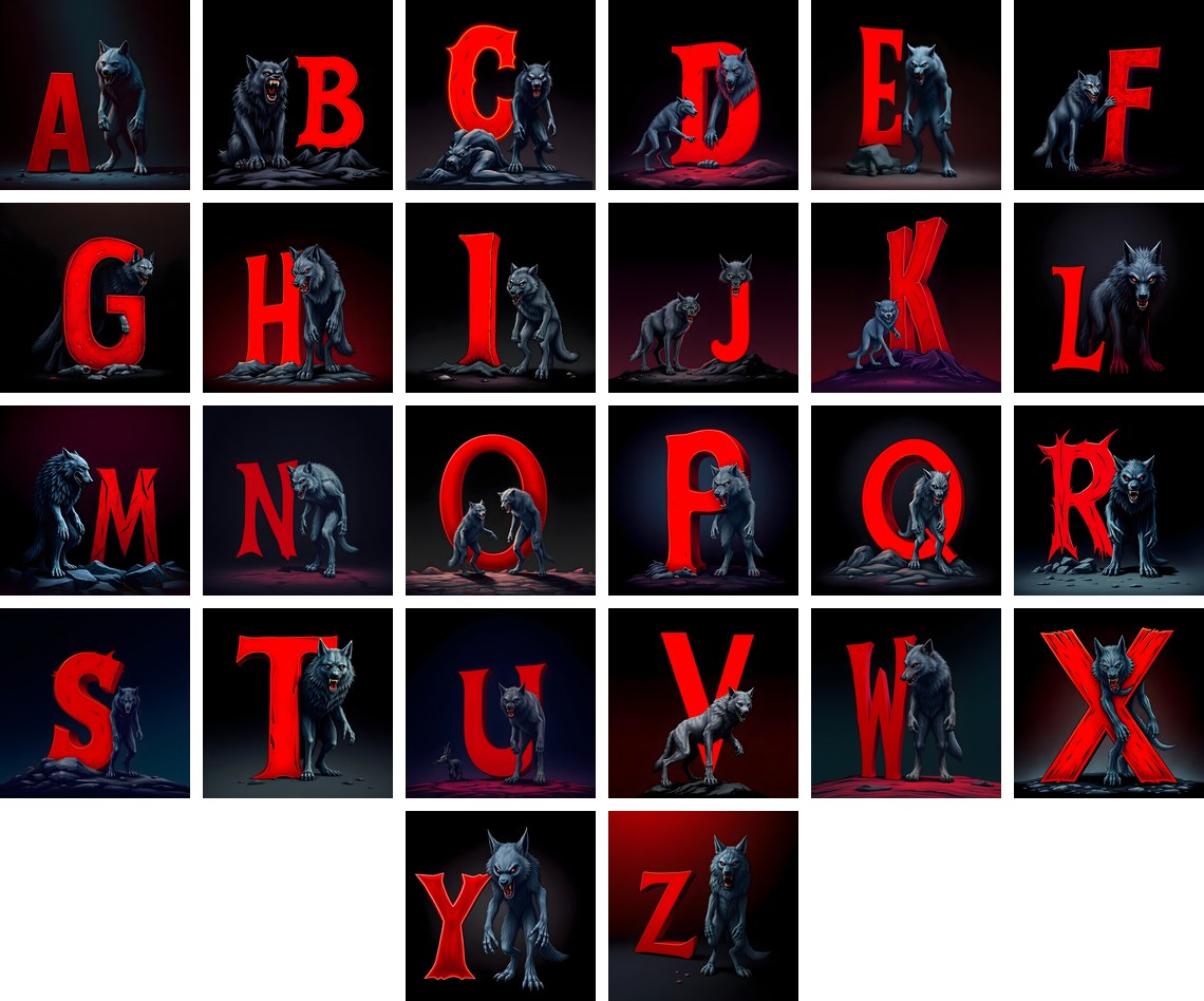 Werewolf Moonlit alphabet — all 26 letters