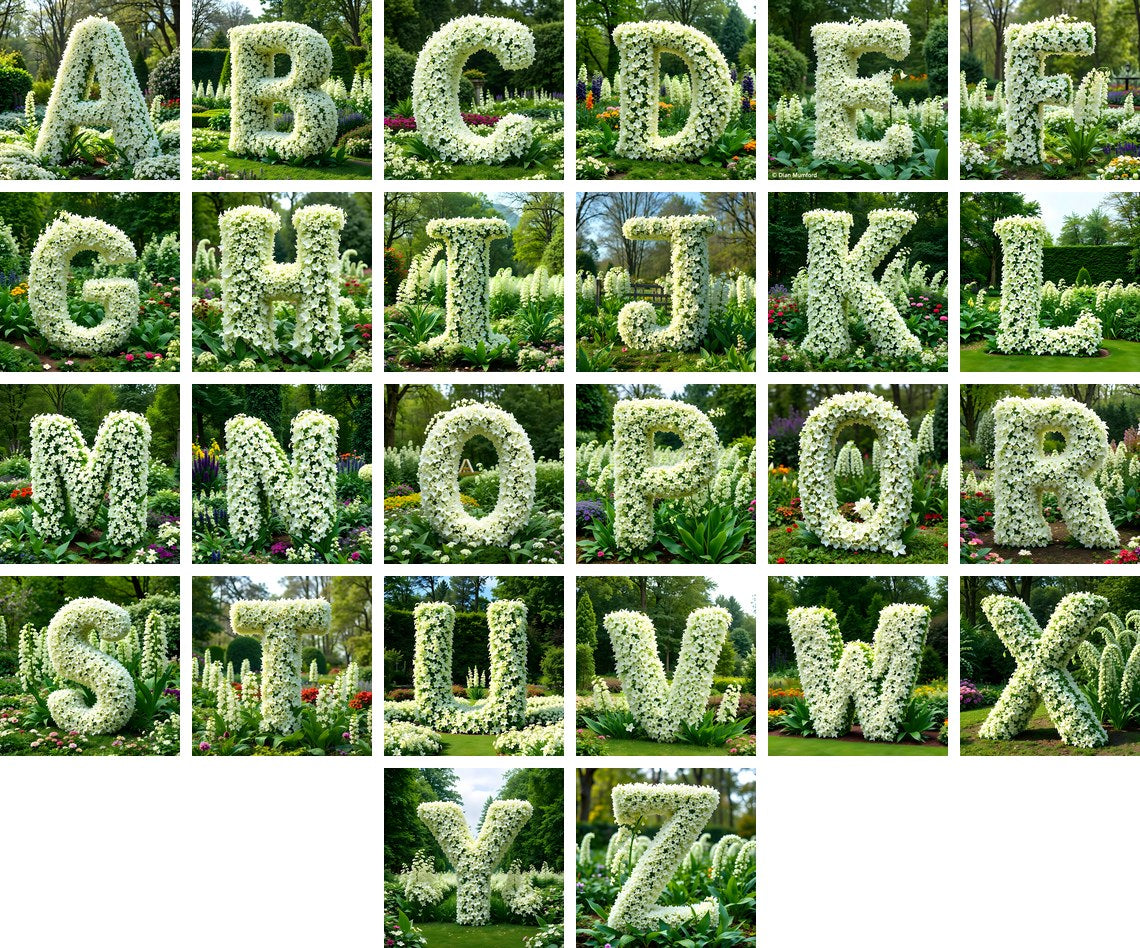 White Garden Topiary alphabet — all 26 letters