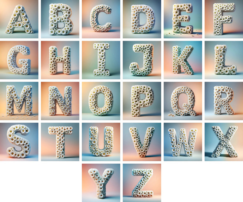 White Daisy Cluster alphabet — all 26 letters