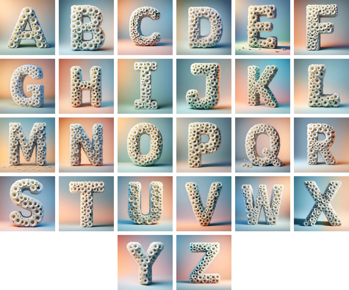 White Daisy Cluster alphabet — all 26 letters