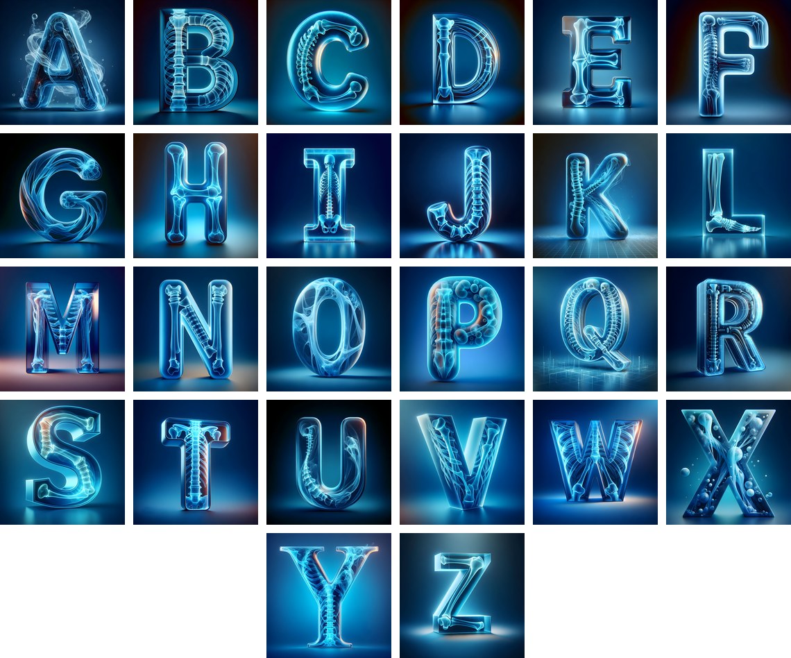 X-Ray Skeleton Scan alphabet — all 26 letters