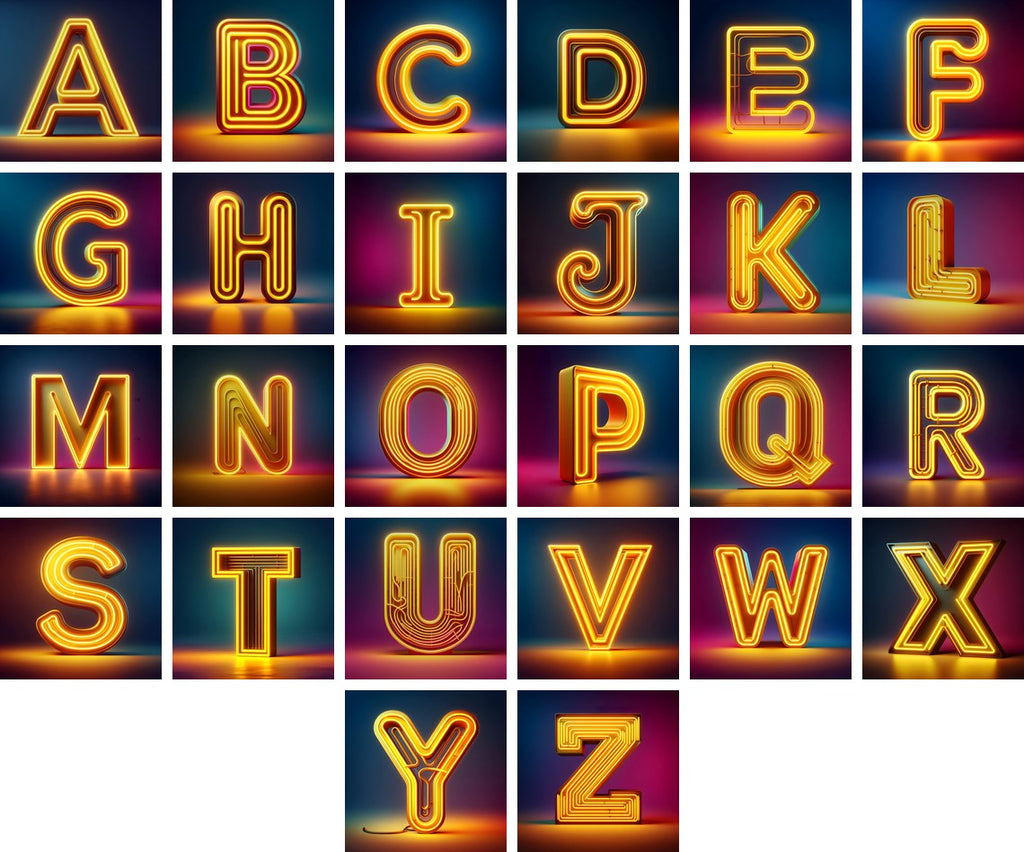 Yellow Neon Sign alphabet — all 26 letters