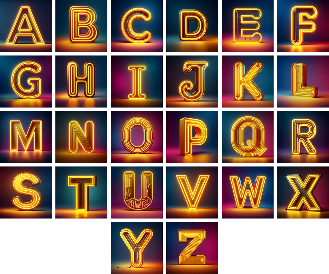 Yellow Neon Sign alphabet — all 26 letters