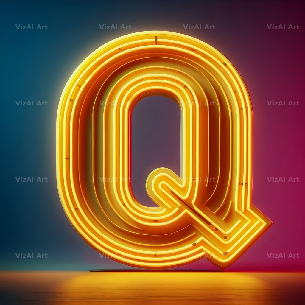 Yellow Neon Sign alphabet letter Q