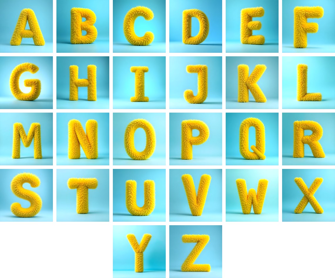 Yellow Plush Fur alphabet — all 26 letters