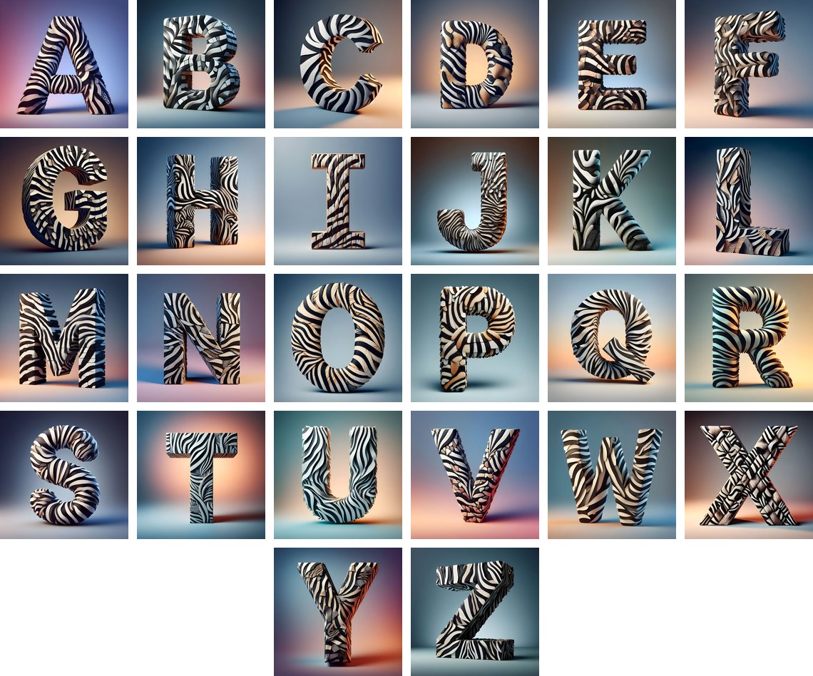 Zebra Stripe Leather alphabet — all 26 letters