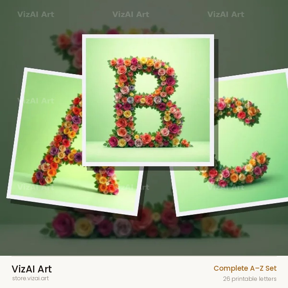 Rainbow Rose Bloom alphabet — choose an individual printable letter