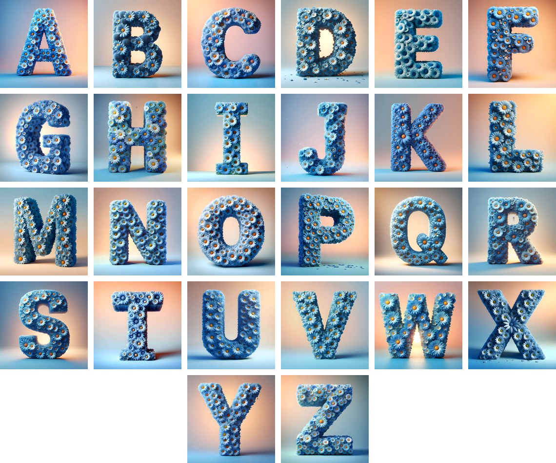Blue Daisy alphabet — all 26 letters