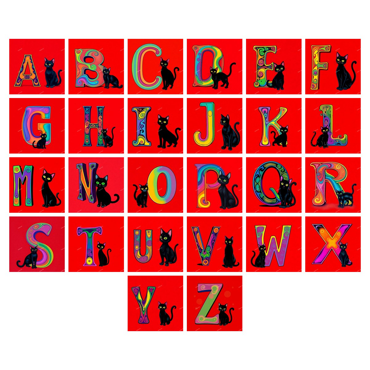 Black cat alphabet — all 26 letters A to Z
