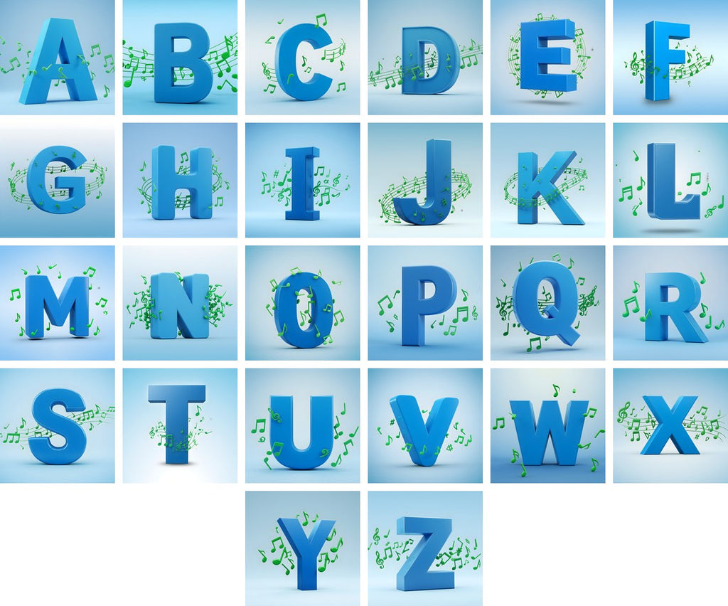 Blue Music Note alphabet — choose an individual printable letter