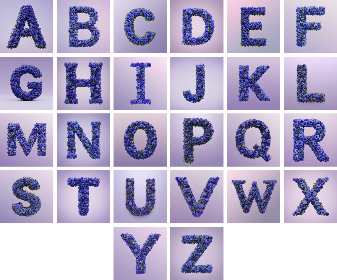 Blue Pansy alphabet — choose an individual printable letter