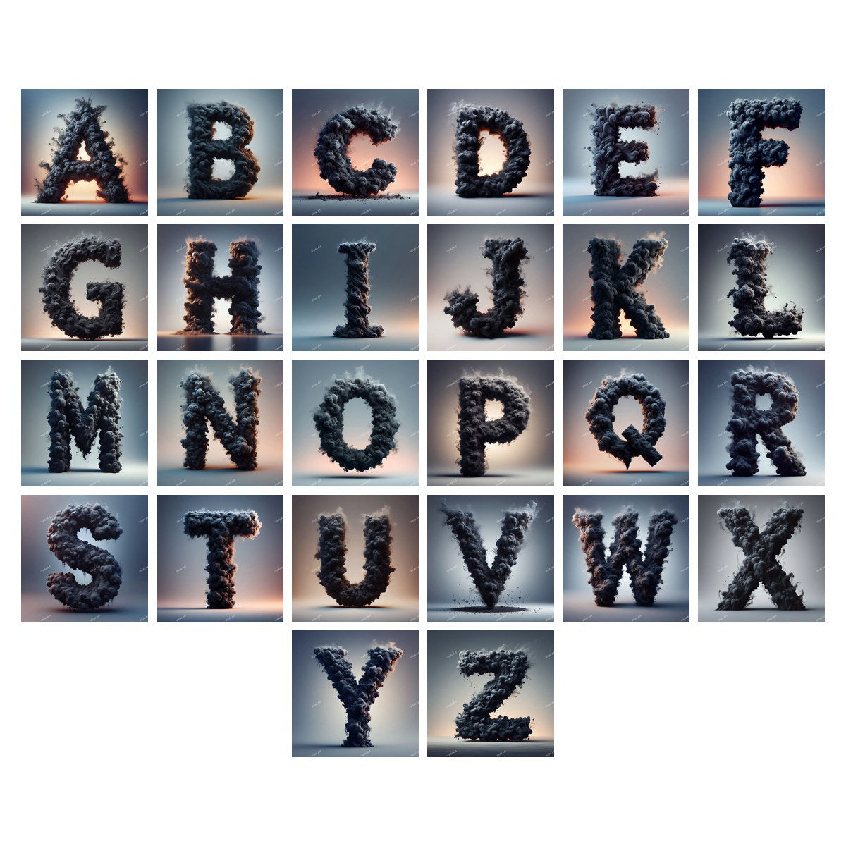 Black smoke alphabet — all 26 letters A to Z