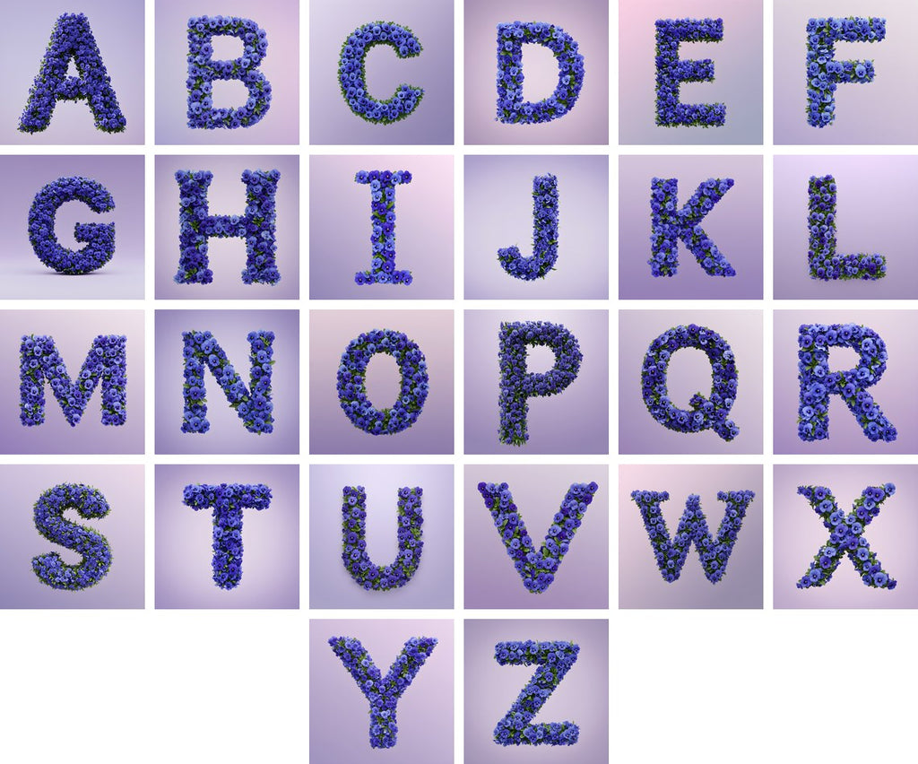 Blue Pansy alphabet — all 26 letters