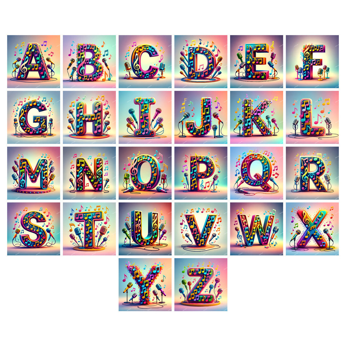 Colored Microphones alphabet — choose an individual printable letter