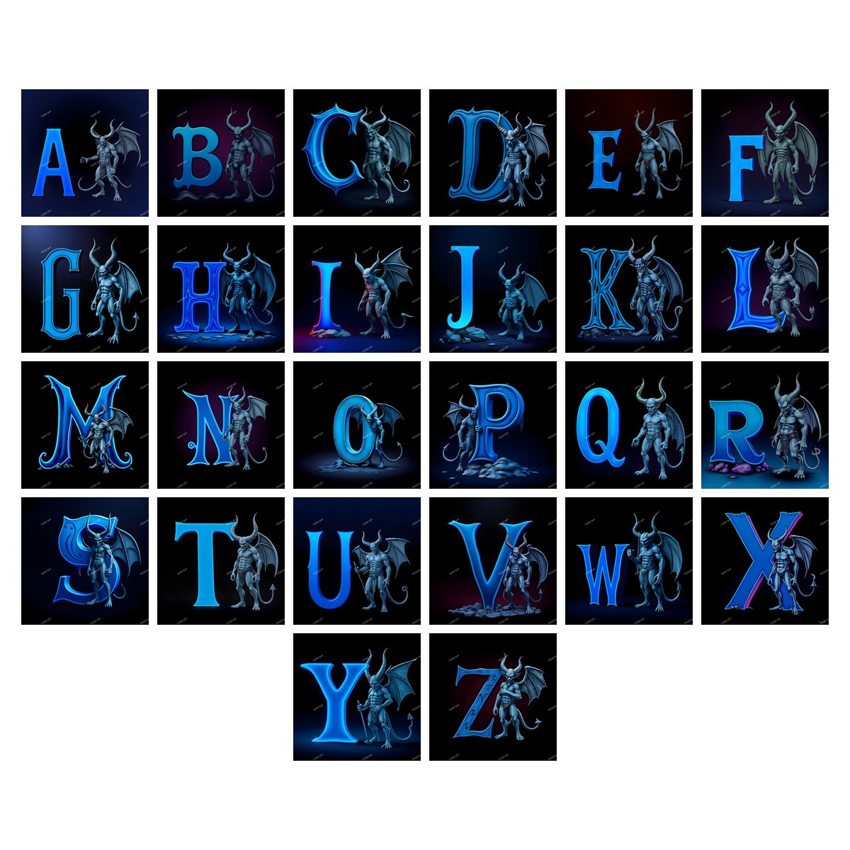 Blue devil alphabet — all 26 letters A to Z