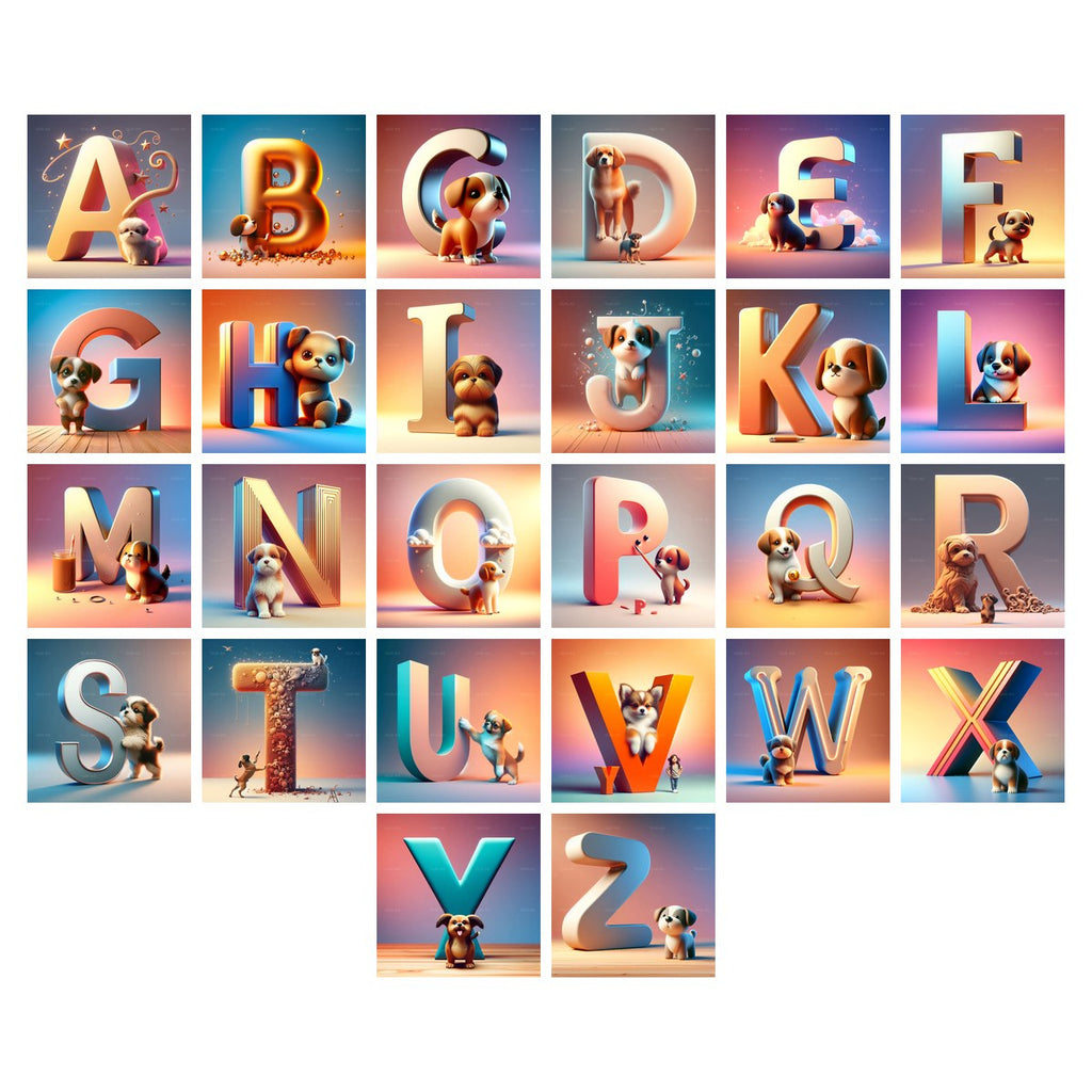 Puppy Alphabet — choose your individual printable letter A to Z