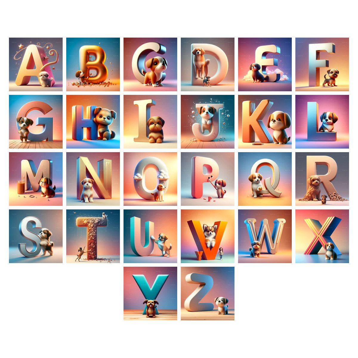 Puppy Alphabet — choose your individual printable letter A to Z