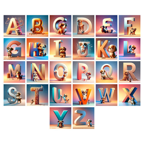 Puppy Alphabet — choose your individual printable letter A to Z