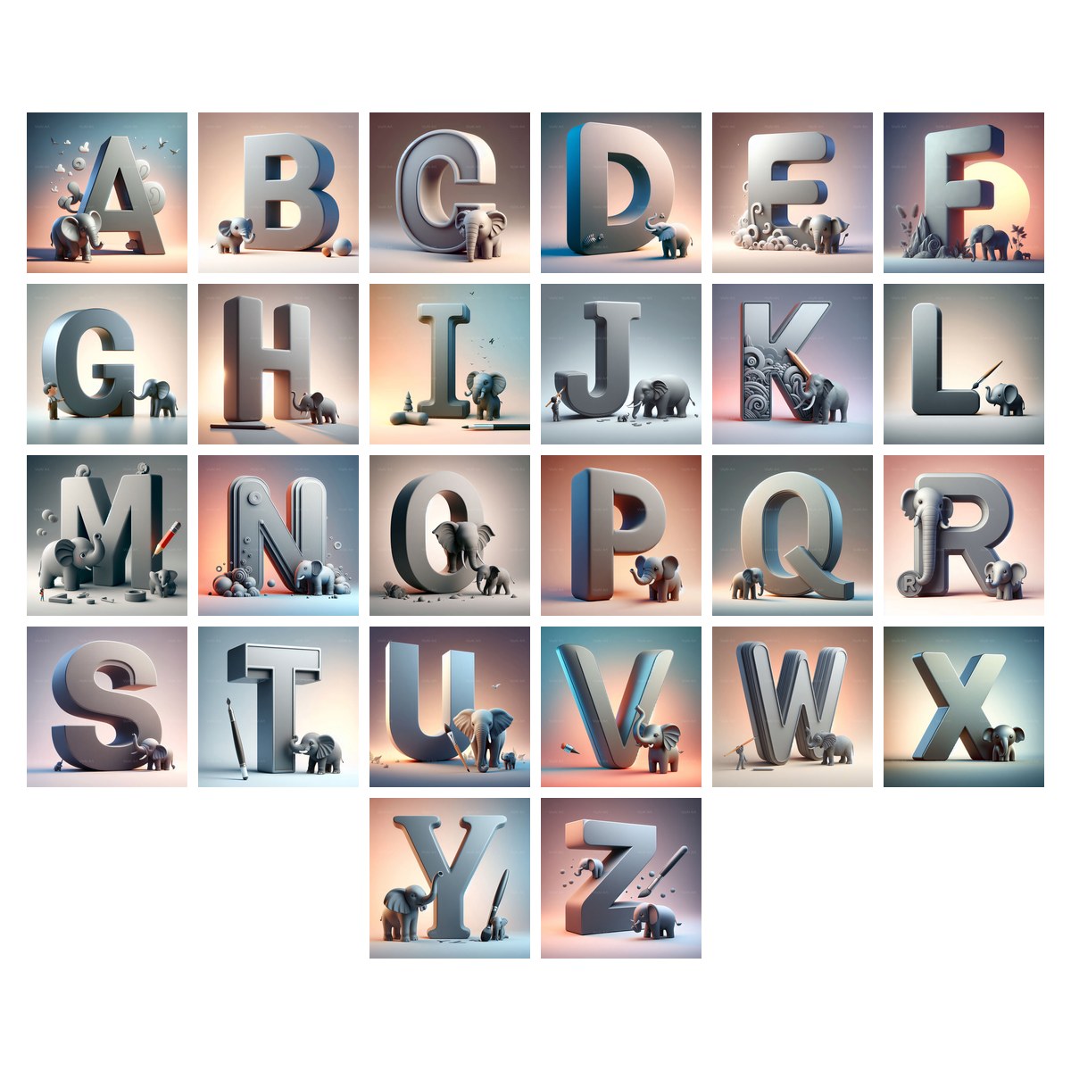 Elephant alphabet — all 26 letters