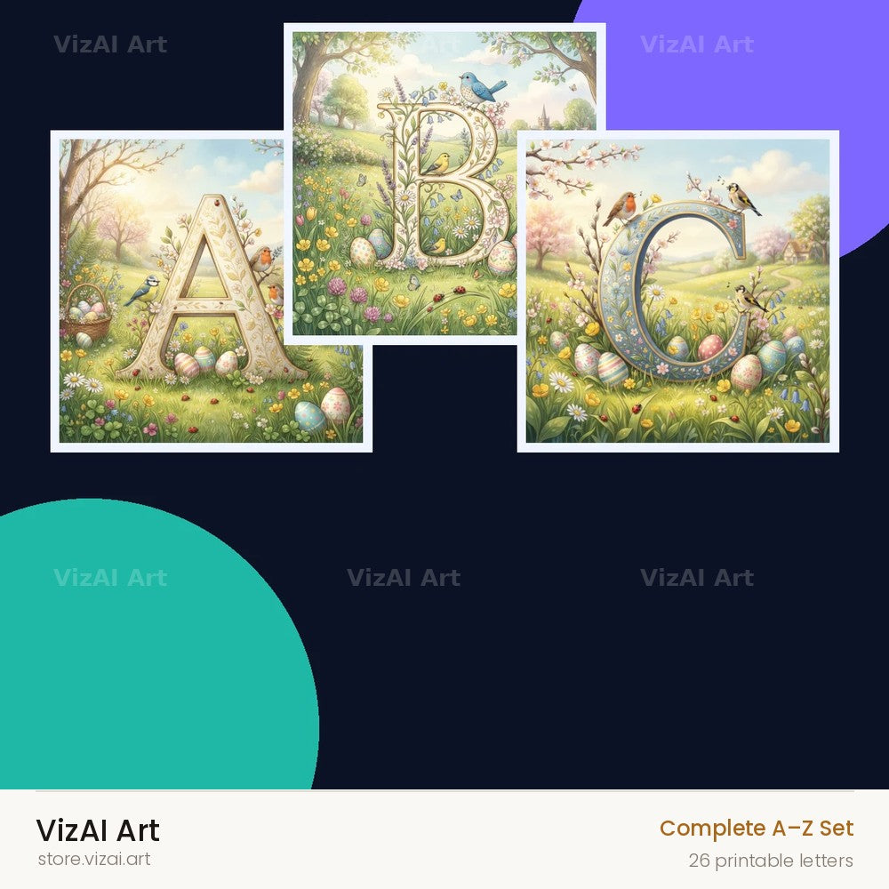 Easter Meadow Morning alphabet — choose an individual printable letter