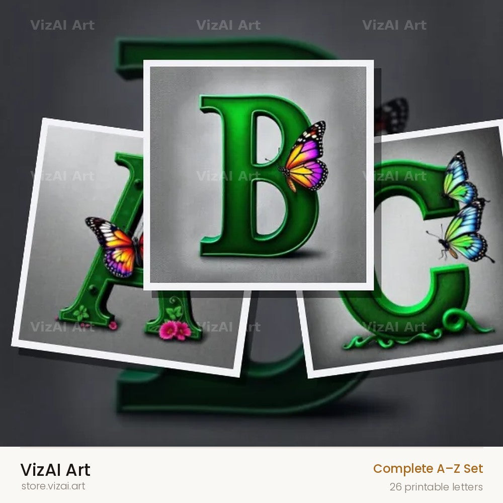 Emerald Butterfly Garden alphabet — choose an individual printable letter
