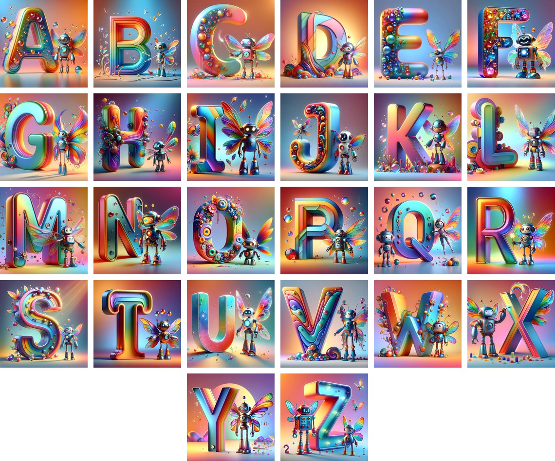 Fairy Robot alphabet — choose an individual printable letter