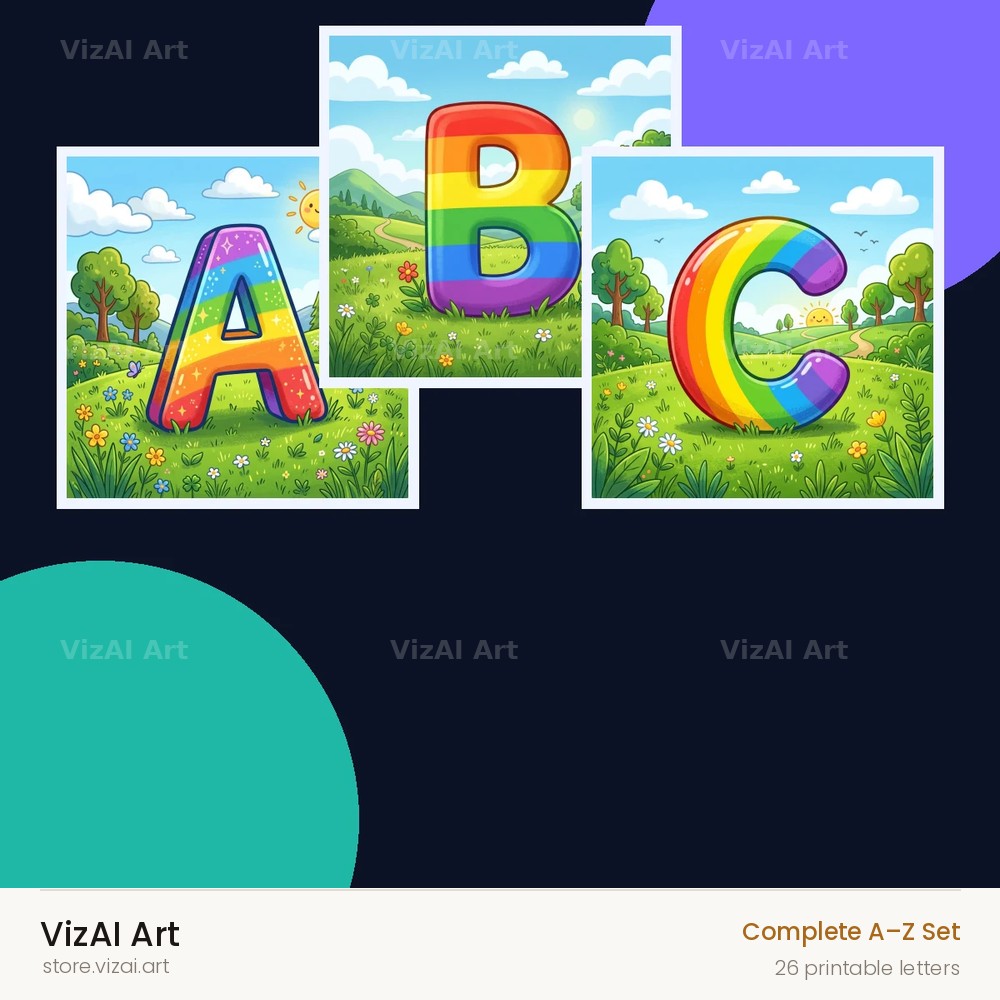Rainbow Storybook Field alphabet — choose an individual printable letter
