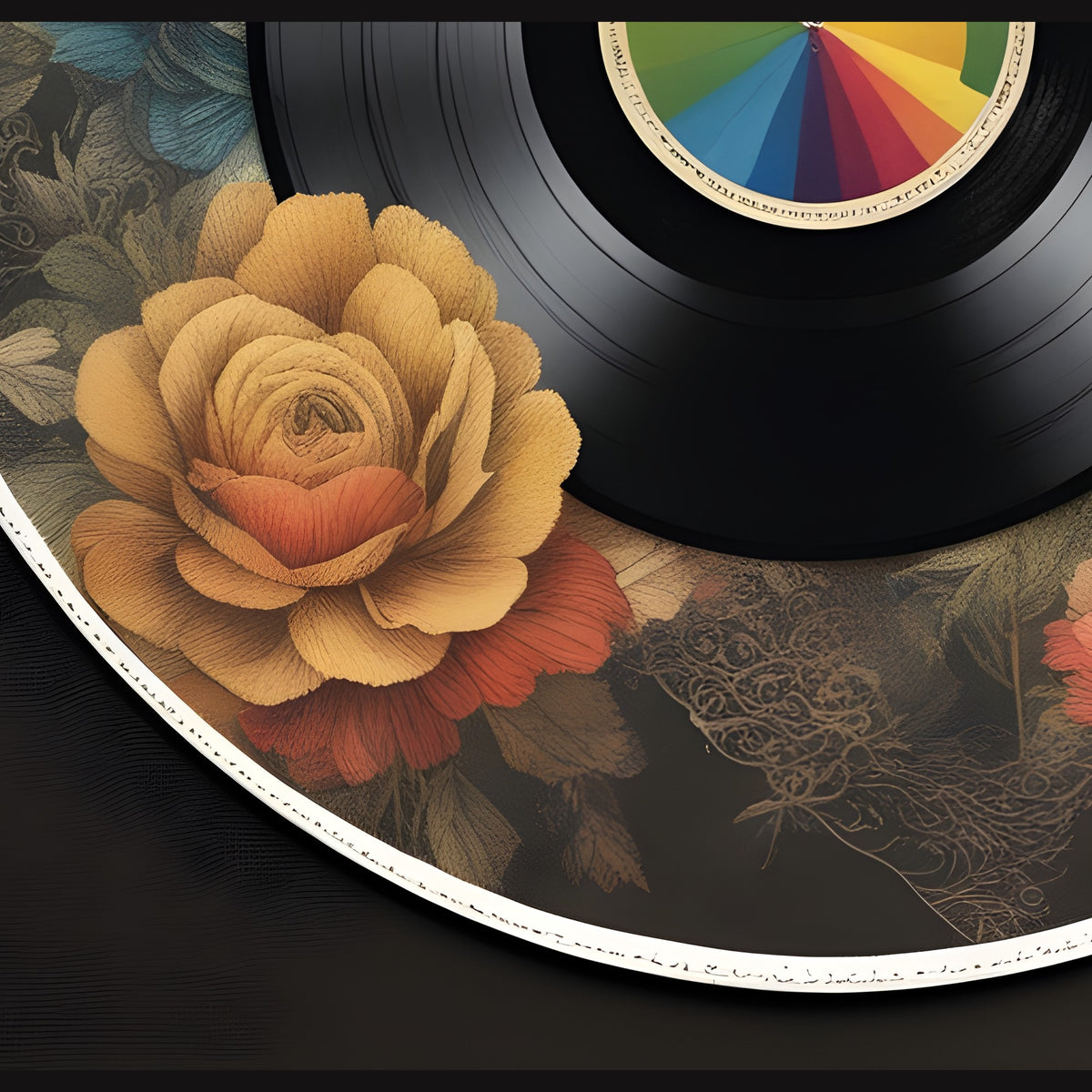 Close-up of the artwork: an ochre rose beside the edge of the vinyl record