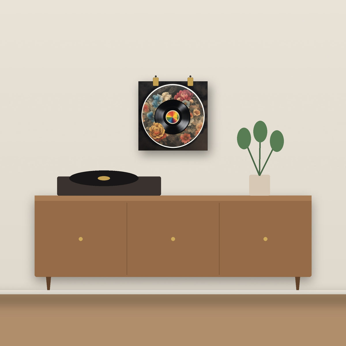 Illustration showing the 30 cm print to scale above a sideboard with a record player