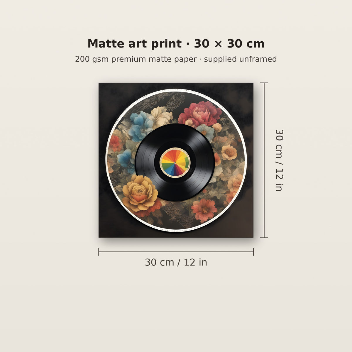 Size guide: the print measures 30 cm by 30 cm (12 in), on 200 gsm matte paper, unframed